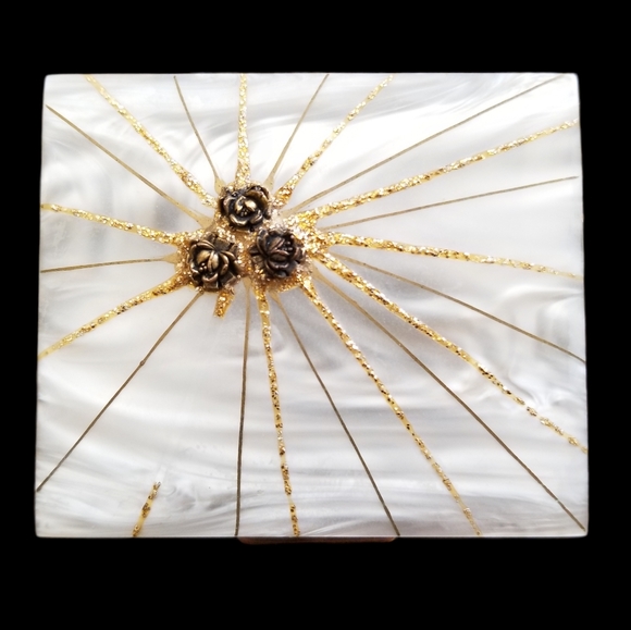 Vintage Mother Of Pearl Gold Tone Mirrored Compact - Picture 4 of 14